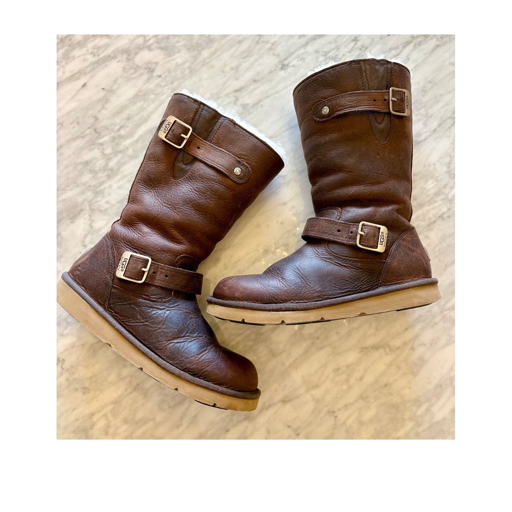 UGG Australia Kensington Brown Leather Moto Sheepskin Boots 5678 Womens 8